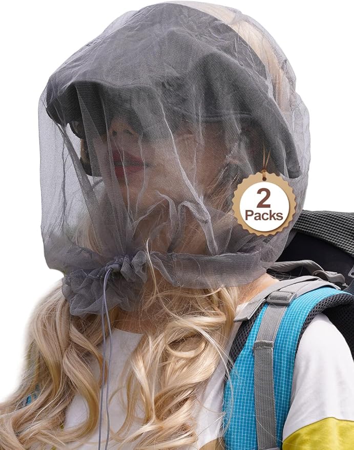Wohohoho Mosquito Head Net Mesh With Drawstring, Bug Face Shield for Hats, Beekeeper Mask Protection for Men & Women Against Midges, Bugs & Gnats (2 Packs, Grey, Updated Big Net)