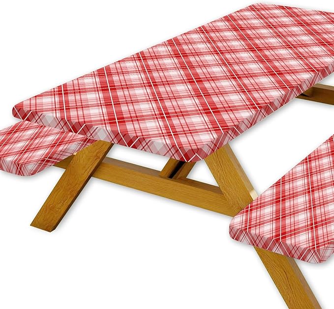 DYNH 3 Pcs Picnic Table Cover with Bench Covers, 6ft Waterproof Reusable Elastic Fitted Rectangle Picnic Table Cloths,30x72IN Red Plaid Picnic Tablecloth for Camping Patio Travel Outdoor,2