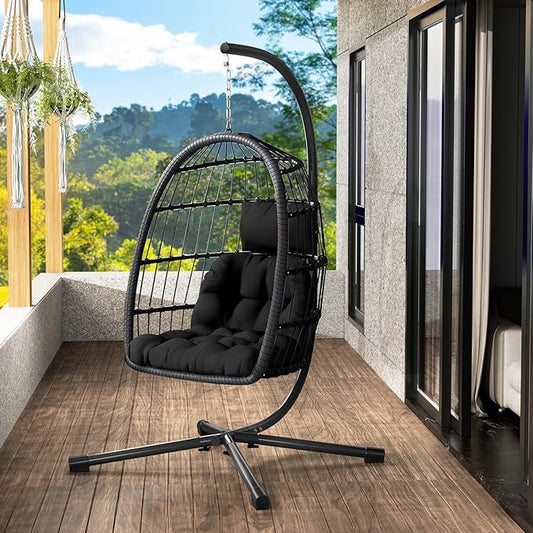 LEVELEVE Egg Chair with Stand,Patio Rattan Wicker Hanging Swing Egg Chair Hammock Chair for Bedroom Porch Garden,Thickened Aluminum Alloy Steel Frame and UV Resistant Cushion,350LBS Capacity