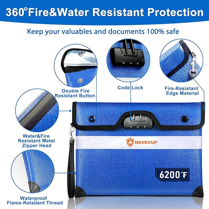 6200F Fireproof Money Bag with Lock, Upgraded A5 Document Bag w/ Zipper/Reflective Strip, 9 Layers Heat Insulated, Water Resistant