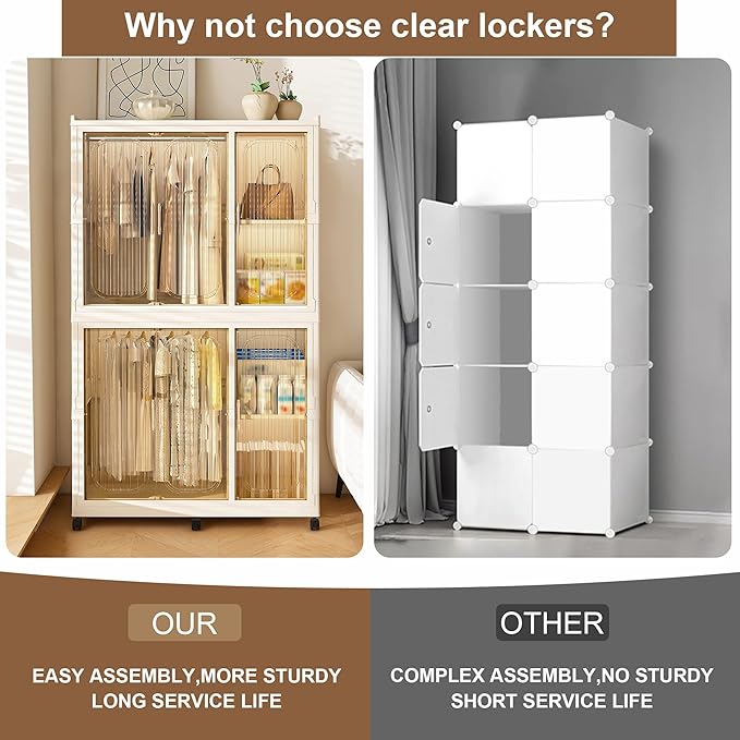 Portable Wardrobe Closet Storage Organizer, Plastic Collapsible Closet Organizer with Transparent Magnetic Door, for Bedroom Living Room,Easy Assemble,4 Cubes & 2 Hanging Rod