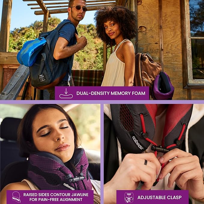 Evolution Cool Travel Neck Pillow by Cabeau - Cooling Airflow Vents, Memory Foam Neck Support, and Adjustable Clasp - Comfort On-The-Go with Carrying Case - Airplane, Train, Car, and Gaming (Blue)