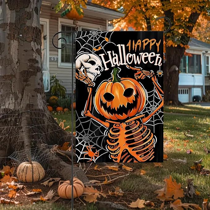 Happy Halloween Garden Flag 12X18 Inch Double Side, Skull Pumpkin Lantern Yard flag,Outside Small Garden Flag Decorative, Outdoor Outside Flag for Holiday Patio Courtyard Lawn