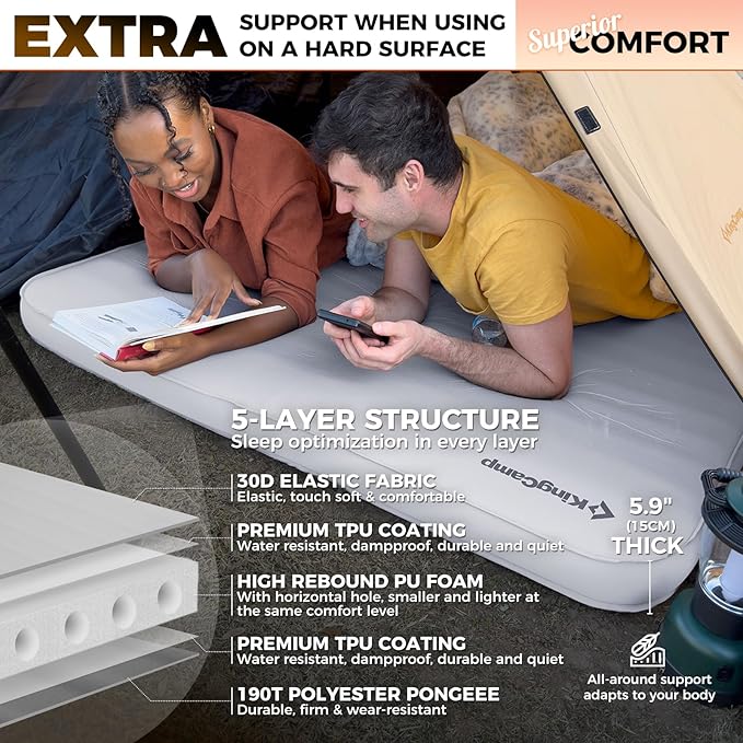 KingCamp Self Inflating Camping Pad, Ultra 6" Thick or Ideal 3" Thcik High R Value Air & Foam Camping Mattress, Full Size Double Sleeping Pad 2 Person for Camp Tent Outdoor Car, Multi Colors, PVC Free