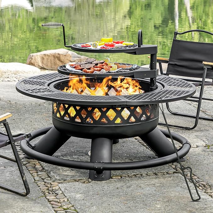 47 Inch Outdoor Wood Burning Fire Pit with 2 Grills,Extra Large 3-in-1 Fire Pit with Metal Lid & Fire Poker, Heavy Duty BBQ Firepits for Outside, Backyard, Bonfire, Patio & Party (47'' Black)