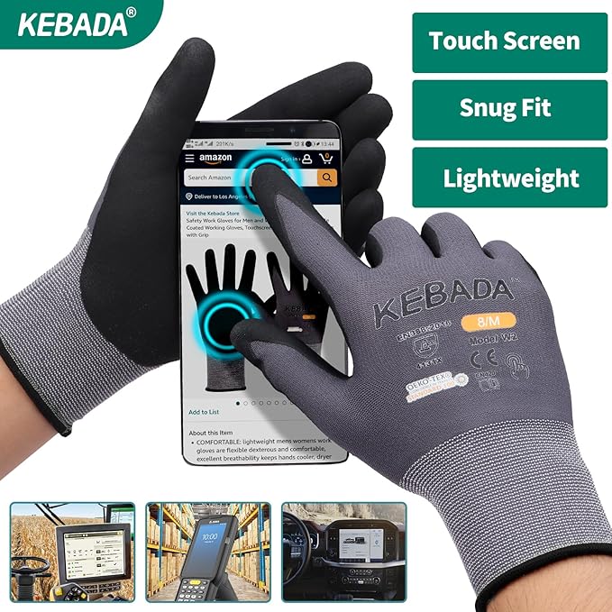 Kebada W2 Safety Work Gloves, Micro-Foam Nitrile Coated Gloves, Touchscreen,Ideal for Package Handling, Gardening, Construction, 1 Pair X-Small
