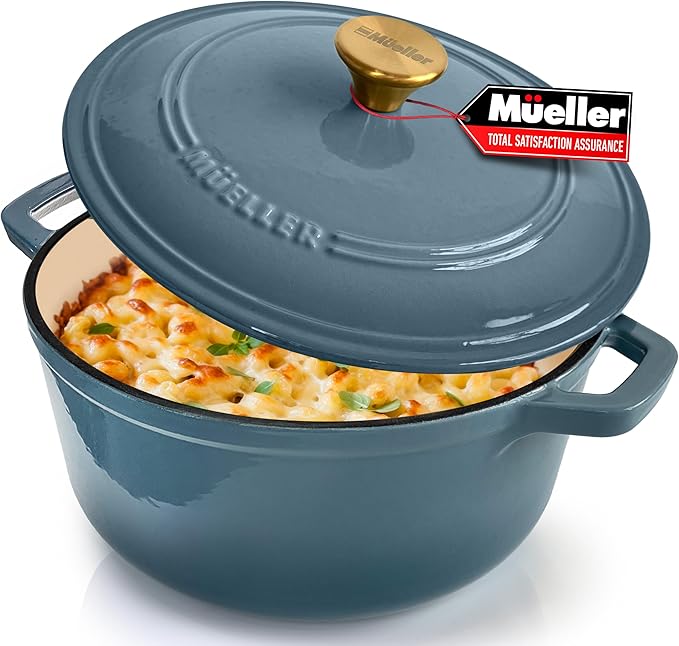 MÜELLERHOME 6 Quart Enameled Cast Iron Pot Dutch Oven, Heavy-Duty, Oven-Safe up to 500° F & Across All Cooktops, Bread Pan with Lid & Knob, Cast Iron Cookware, Blue Kitchen Accessories, Mineral Blue