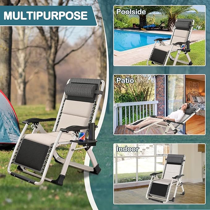 NAIZEA Padded Zero Gravity Chair, Folding Outdoor Lounge Chairs, Adjustable Reclining Camping Chairs with Cup Holder, Ergonomic Patio Lawn Chair for Balcony Beach Deck Yard