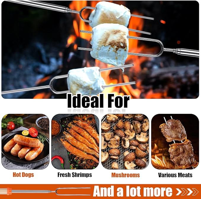 Briout Extendable Stainless Steel Roasting Sticks - Smores Sticks for Fire Pit Long 32 Inch, Smore Skewers Hot Dog Fork Campfire Accessories, Camping Essentials for S'mores - 15 Pack