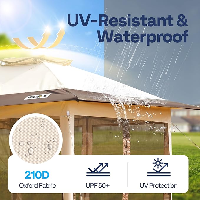 VIVOHOME Pop Up Gazebo 10x10ft Outdoor Canopy Tent with Mosquito Netting & 2 Tiers Roof for Patio Garden Backyard, Beige
