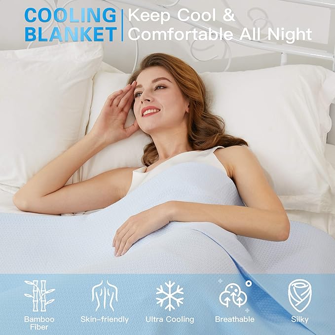 AmyHomie Cooling Blanket, 100% Rayon Derived from Bamboo, Cool Summer Blanket for Hot Sleepers, Soft Comfy Lightweight Blankets for All Seasons(Blue, 79×91in)