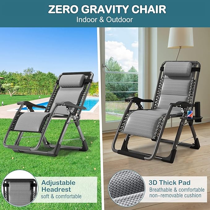 NAIZEA Padded Zero Gravity Chair, Cooling Fabric Folding Outdoor Lounge Chairs, Adjustable Reclining Camping Chairs with Cup Holder, Ergonomic Patio Lawn Chair for Balcony Beach Deck Yard