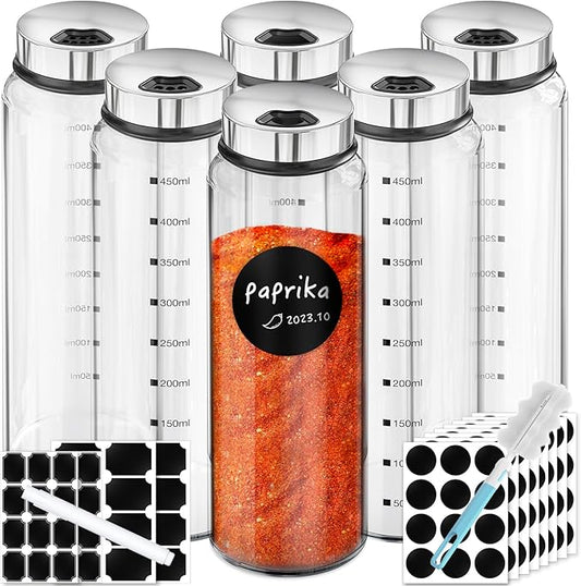 Segarty Glass Spice Jars, 6 Pack 15oz Large Spice Jar with Labels, Clear Empty Spice Containers with Shaker Lids, Salt Pepper Shakers Set Seasoning Bottles with 136 Stickers, 1 Chalk Pen and Brush