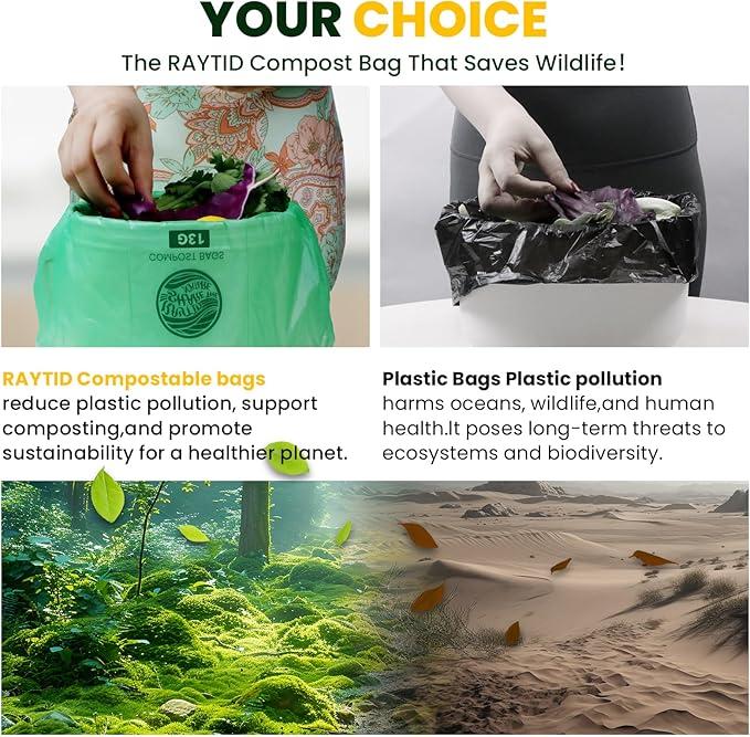 RAYTID 13 + Gallon Compostable Trash Bags,70 Count, Extra Thick 1.1 Mil, Tall Kitchen Food Scrap Waste Bag, ASTM D6400, US BPI and OK Compost Home Certified