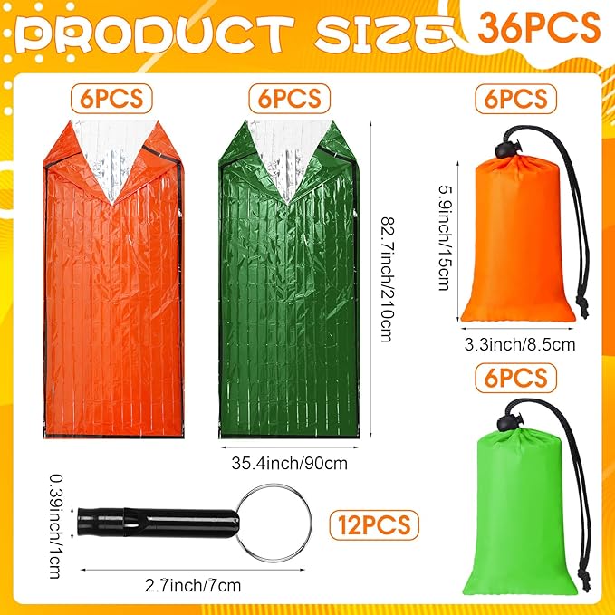 Qunclay 12 Set Emergency Sleeping Bag Survival Bivvy Sack Blanket with Whistles Lightweight Portable Thermal Survival Bag Thick Tent with Hood Extension Nylon Stuff Sack