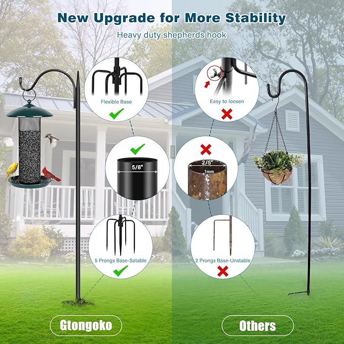 Gtongoko Adjustable 63 Inch Shepherds Hooks for Outdoor with 5 Prongs Base, Bird Feeder Pole Garden Hooks for Hanging Lanterns, Plants Baskets, Hummingbird Feeders, 1 Pack