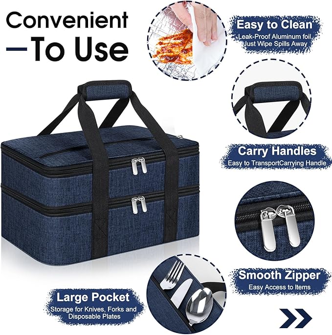 Double Insulated Casserole Carrier, Portable Casserole Carrier for Hot or Cold Food Lunch Tote Warmer or Cooler Bag, Lasagna Lunch Bag for Potluck Parties- Fits 9" x 13" Baking Dish-Navy blue
