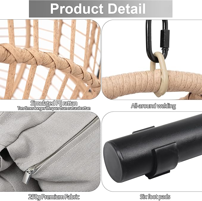 Hanging Egg Chair with Stand - Egg Swing Chair Outdoor Indoor Patio Wicker Chair Swing Hammock Egg Chairs 400lbs Capacity for Outside Patio, Bedroom, Garden, Balcony（Beige-Regular, 1PC