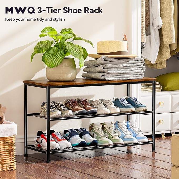 Shoe Rack for Closet, 3 Tier Shoe Organizer for Entryway, Freestanding Metal Storage Shoe Shelf with Wood Top, 8-12 Pairs of Shoes, Rustic Brown Black