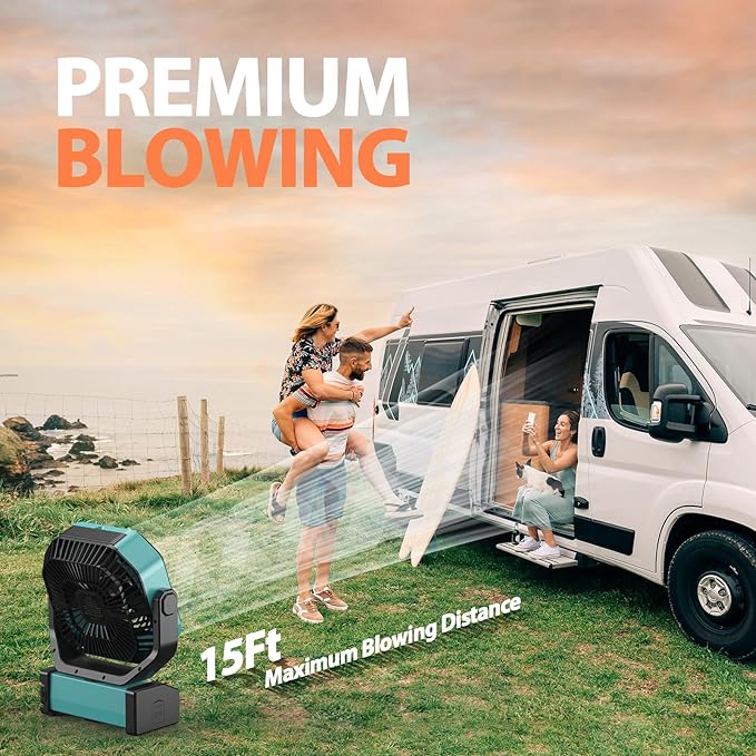 MORECORE 20000mAh Rechargeable Camping Fan with Light, 112HRS Running, 8-Speed, Auto Oscillating, Timer, LED Digital Display, 270°Pivot with Hook for Tent RV Emergency Garage-Blue