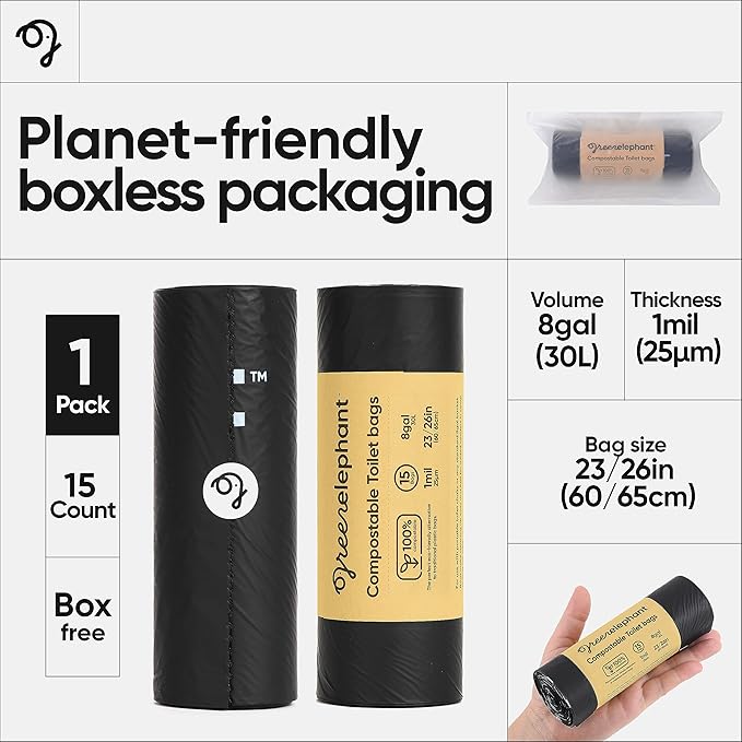 Green Elephant Portable Waste Bags – Camping Potty Liners, Biodegradable Sanitary Bags for 5 Gallon Bucket, Outdoor Use, 15 Count, 8 Gal (1 Pack)