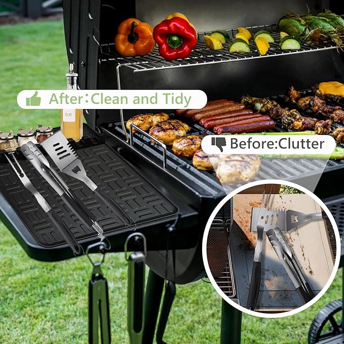 2PCS Silicone Griddle Tools, Large Spatula Mat with Drip Pad, Side Shelf Mat for Grill BBQ Accessories (Black, 15.35" x 10.63")