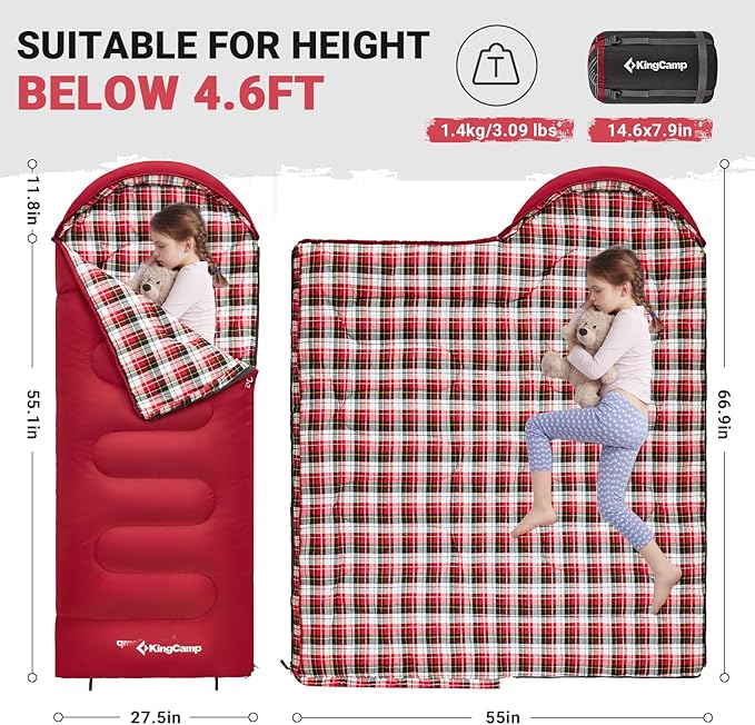 KingCamp 45° F Kids Sleeping Bag, Lightweight Waterproof & Compact Flannel Sleeping Bags Cold Weather & Warm Youth Essentials Gear Accessories for Camping, Fits 10-12 Children up to 5'5" Tall