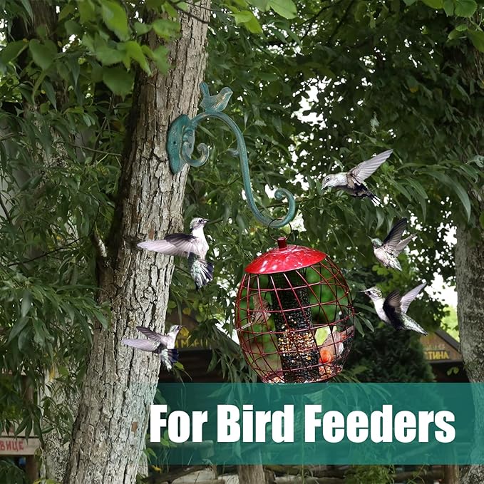 Moxweyeni 2 Pcs Cast Iron Plant Hangers Outdoor 10" Heavy Duty Hanging Basket Brackets Lovely Bird Shape Decorative Wall Hangers for Flower Pots Bird Feeder Wind Chime Lantern(Golden Green)