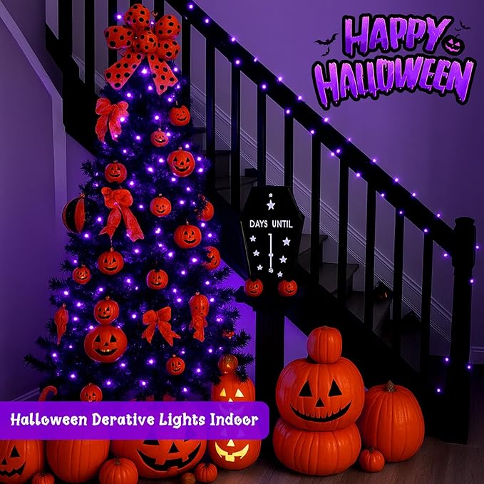 Halloween Solar String Lights, Extra-Long 2 Pack 144FT 400LED Super Bright Solar Fairy Lights Outdoor, 8 Modes Waterproof Copper Wire Twinkle light for Garden Tree Party Halloween Decorations (Purple)