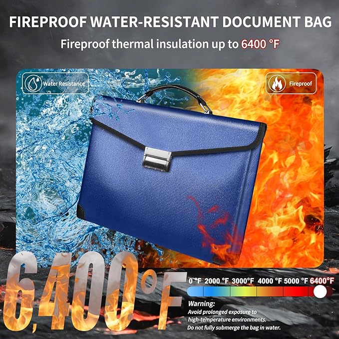 Fireproof Document Bag 14.5"X11"X2.5" Fireproof Money Bag for Cash with Lock and Zipper,Fire&Waterproof Storage Organizer Pouch for Valuables,Legal Document,Laptop,Passport, (Blue)