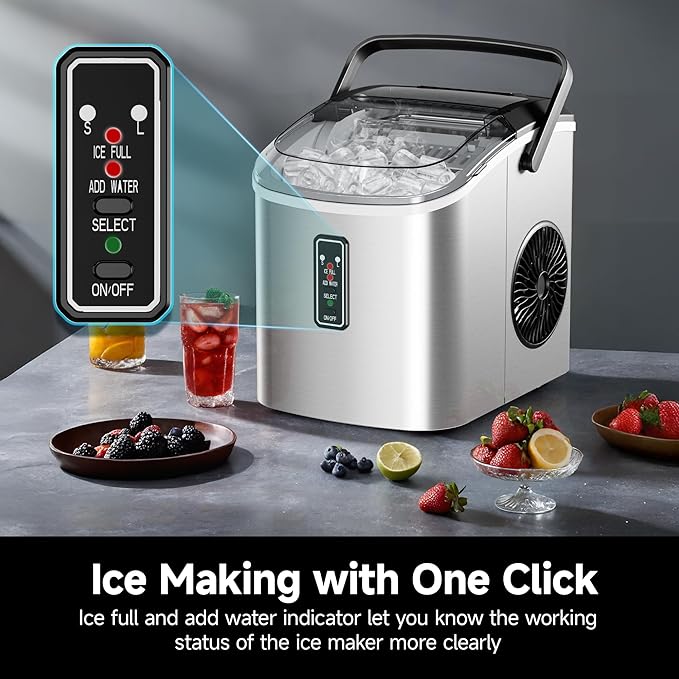 EUHOMY Ice Maker Countertop, 9 Cubes Ready in 6 Mins, 26lbs/24H, Self-Cleaning, Portable Ice Maker Machine with Carry Handle, Basket and Scoop, 2 Sizes of Bullet Ice for Home, Kitchen, Office