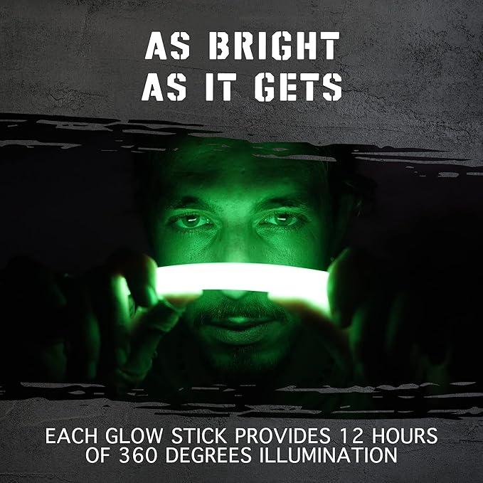 Emergency Glow Sticks with 12 Hours Duration, Individually Wrapped Industrial Grade Glowsticks for Survival Gear, Camping Lights, Power Outages and Military Use