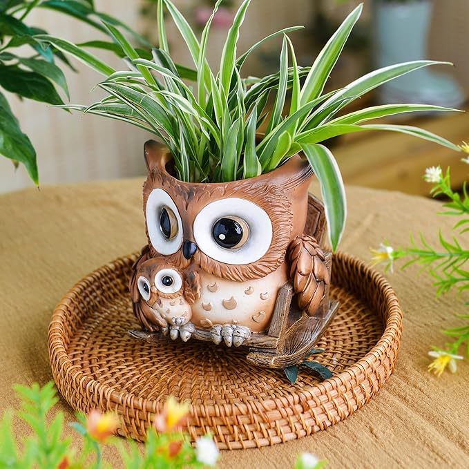 Unique Owl Plant Pots Indoor, Cute Small Succulent Pots with Drainage Hole, Rocking Chair Planters for Outdoor Indoor Plants, Resin Flower Pot for String of Pearls, Gift Ideas for Mother