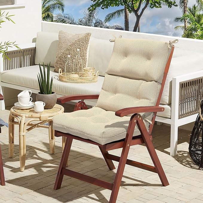 LVTXIII Outdoor Seat and Back Chair Cushion Patio Tufted High Back Cushion with Ties, Seasonal Replacement Rocking Chair Cushion for Home Office Garden Use, 44” L x 22” W, Set of 2, Stripe Beige