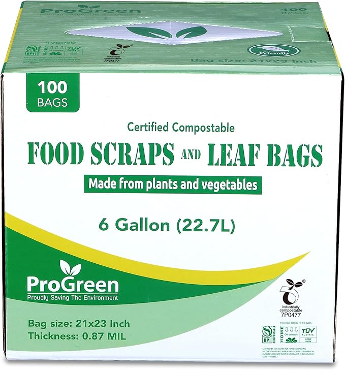 ProGreen Compostable Trash Bags, Extra Thick, Compost Kitchen Bin Bags, Food Scraps Yard Waste Bags, ASTM D6400 BPI and TÜV AUSTRIA Certified (6 Gallon, Pack of 100)
