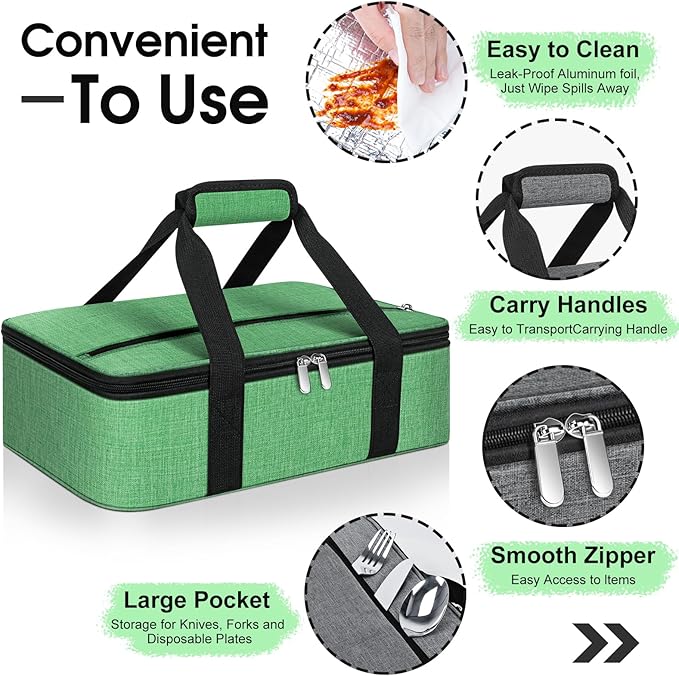 Insulated Casserole Carrier, Portable Casserole Carrier for Hot or Cold Food Lunch Tote Warmer or Cooler Bag, Lasagna Lunch Bag for Potluck Parties- Fits 9" x 13" Baking Dish-Green