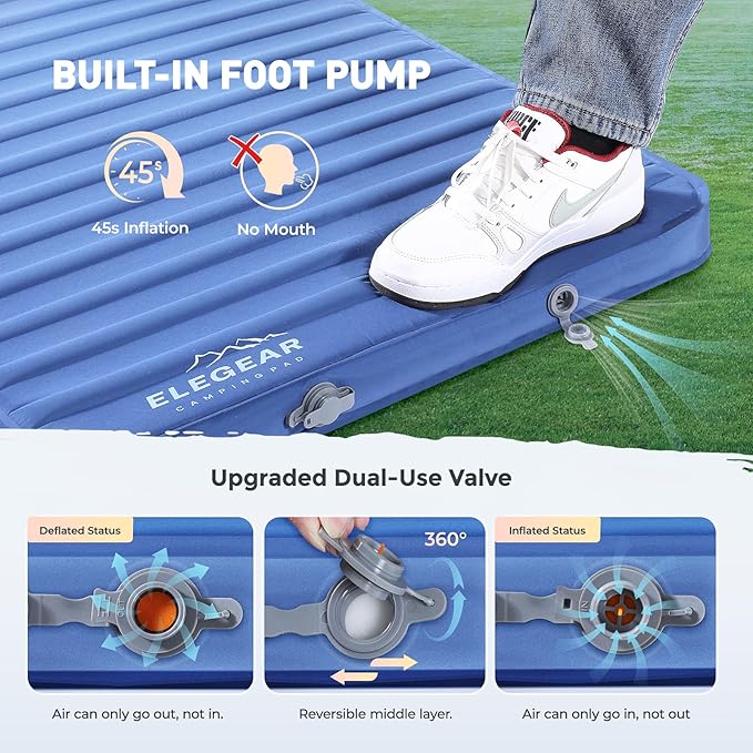 Elegear Air & Foam Camping Sleeping Pad, HexaFoam Camping Mattress Pad with Built-in Foot Pump Memory Foam Camp Pad 4-Season Camp Sleeping Mat for Travel/Car/Tent, Blue