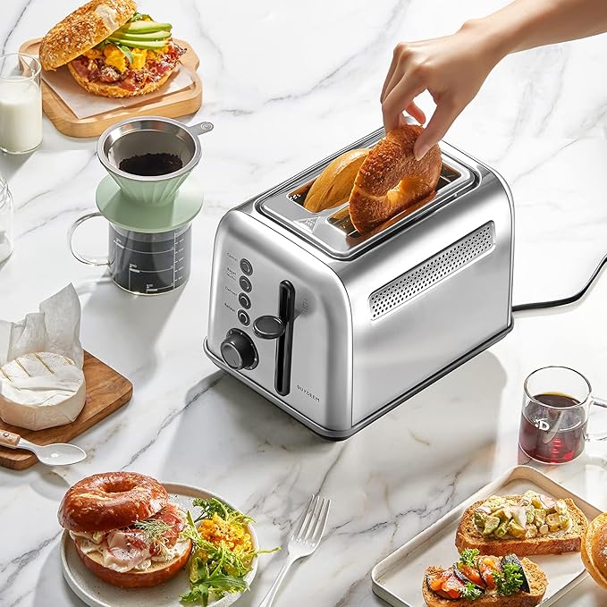 BUYDEEM DT620 2-Slice Toaster, Extra Wide Slots, Retro Stainless Steel with High Lift Lever, Bagel and Muffin Function, Removal Crumb Tray, 7-Shade Settings,Stainless Steel