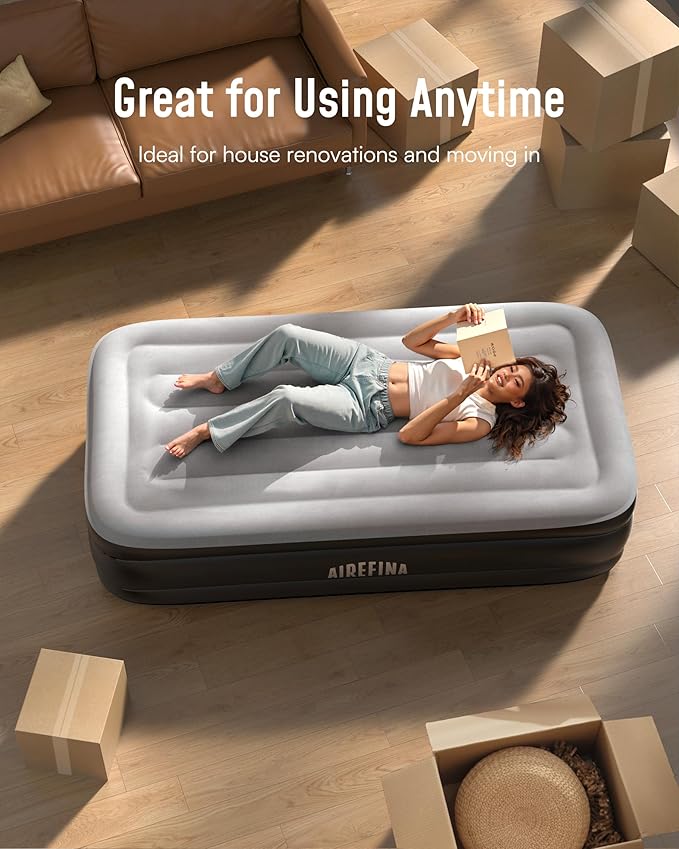 Airefina Twin Air Mattress with Built in Pump Raised, Comfort Twin Blow Up Mattress Upgraded Inflatable Mattress for Camping Guest Home, 2 Mins Quick & Fast Inflation Air Bed, Colchon Inflable