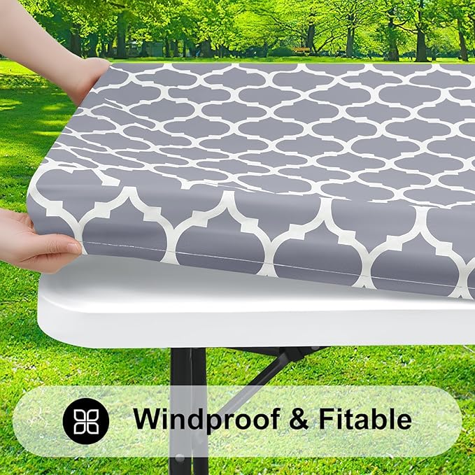 Smiry Rectangle Picnic Table Cover, Waterproof Elastic Fitted Camping Tablecloths for 6 Foot Tables, Wipeable Flannel Backed Vinyl Tablecloth Protector for Indoor, Outdoor (Grey, 36x72 Inches)
