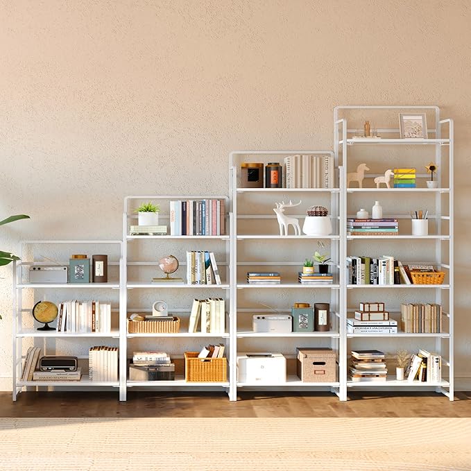 4NM No-Assembly 6 Tiers Folding Bookshelf Storage Shelves Vintage Bookcase Standing Racks Study Organizer Home Office (All White)