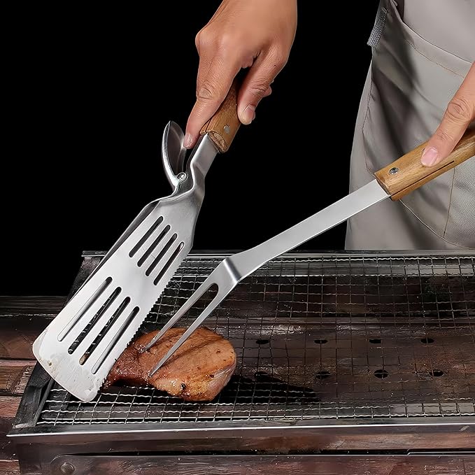 Grill Utensils Set -Innovative 2 in 1 Grill Tongs-Spatula & Barbecue Meat Forks with Long Wooden Handle for Outdoor Grilling,Cooking and Griddling