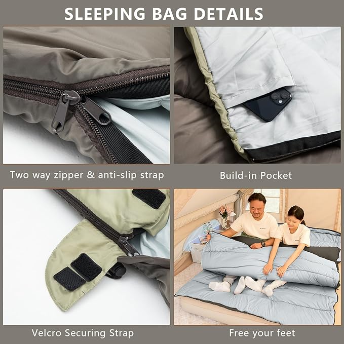 BISINNA Double Sleepinag Bag for Adults Two Person Queen Size Camping Sleeping Bag for All Season Backpacking Hiking Cold Weather with Compression Sack