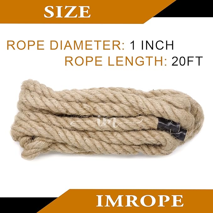 Jute Rope 1 Inch x 20 Ft, IMROPE Natural Jute Rope Twisted 4 Strands for DIY Arts Crafts, Garden, Home Decorating, Hammock