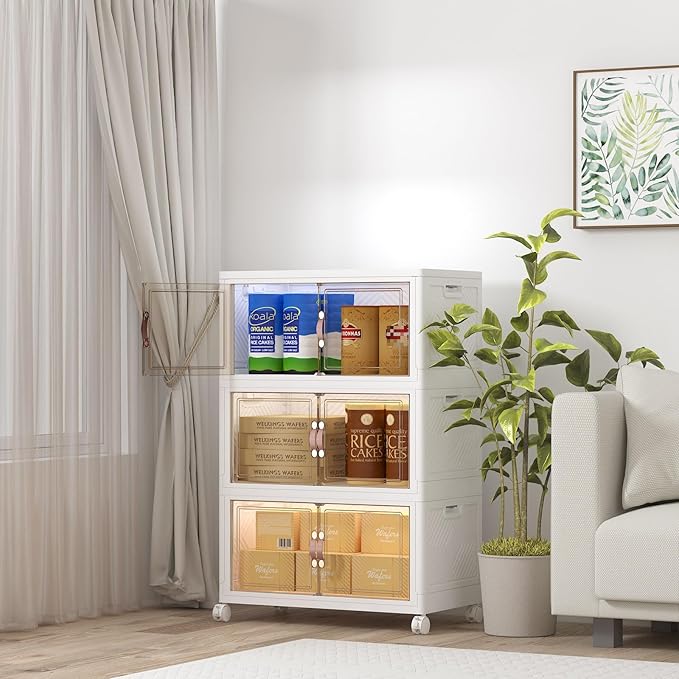 Extra Large Stackable Storage Binswith lids & Wheels, Foldable Collapsible Closet Organizers,360QT-120QT/30GAL*3Pack Plastic Containers with door & drawers for bedroom Dorm