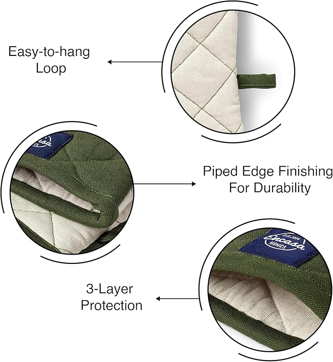Encasa Heat Resistant Cotton Oven Gloves Mitts (2 Pc Set) - Quilted & Safe 12x7 in - for Kitchen, Cooking & Baking, Grilling, Handling Hot Pots & Pans - Leaf Green