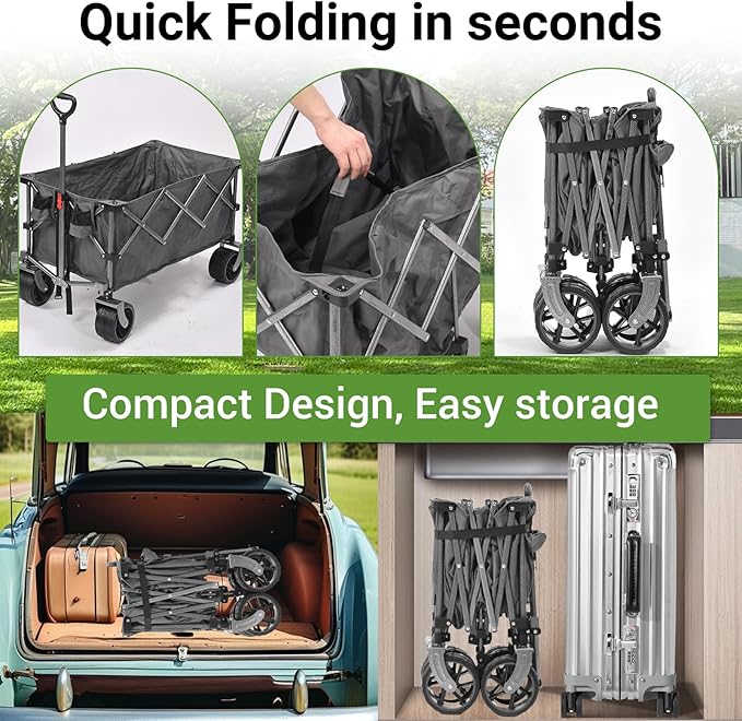 400L Heavy Duty Folding Wagon Cart-450LBS Capacity All-Terrain Beach Cart with Big Wheels & Drink Holders-Push/Pull Utility Cart for Groceries, Camping, Sports, Shopping (Grey)