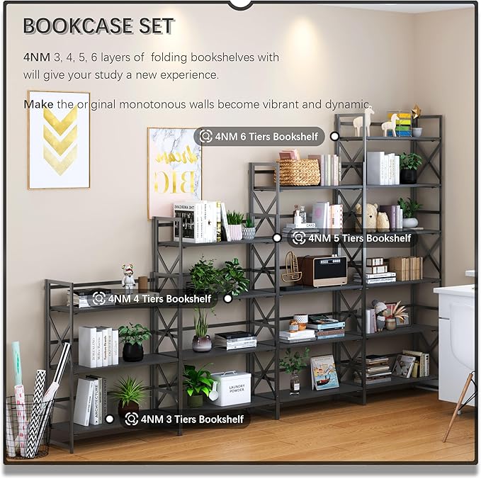 4NM 5 Tiers No Assembly Book Shelves, 51.2" H Folding Bookshelf Bookcase Open Industrial Foldable Shelves for Bedroom, Living Room, Home Office - All Black