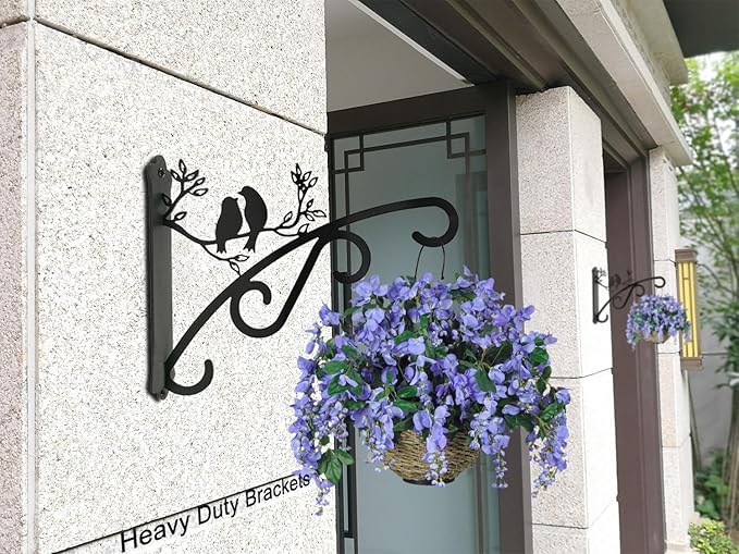 Heavy Duty Outdoor Hanging Plants Brackets, Plant Hangers with Wall Mounted Solid Steel Indoor Hooks, Basket Lantern/Light/Bird Feeder, Pack of 2 Garden Gifts Black (8 inch Black)