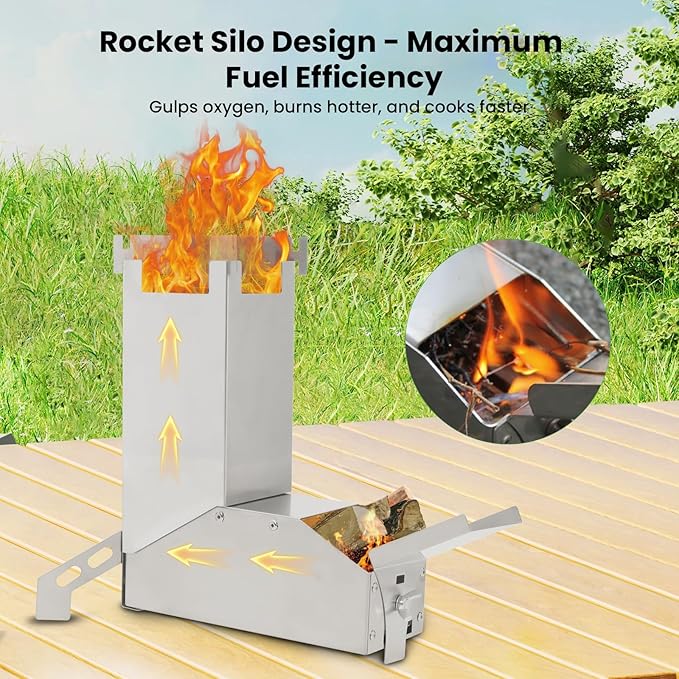 GEEKHOM Rocket Stove Portable Camping Stove - Mini Stainless Steel Folding Wood Burning Stove w/Storage Bag & Gloves | Efficient for Camp, Picnic, Hunting, Fishing, BBQ